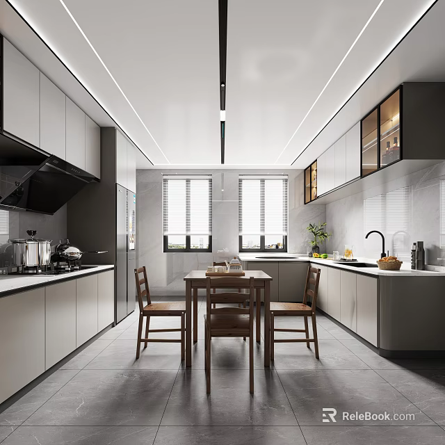 Modern Kitchen Interior With Cabinets Dining Table Chairs And Pendant Lights 3d model