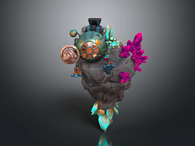 Fantasy Game and Movie Character With Mechanical Head Purple Crystals And Rock Base 3d model