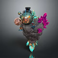 Fantasy Game and Movie Character With Mechanical Head Purple Crystals And Rock Base