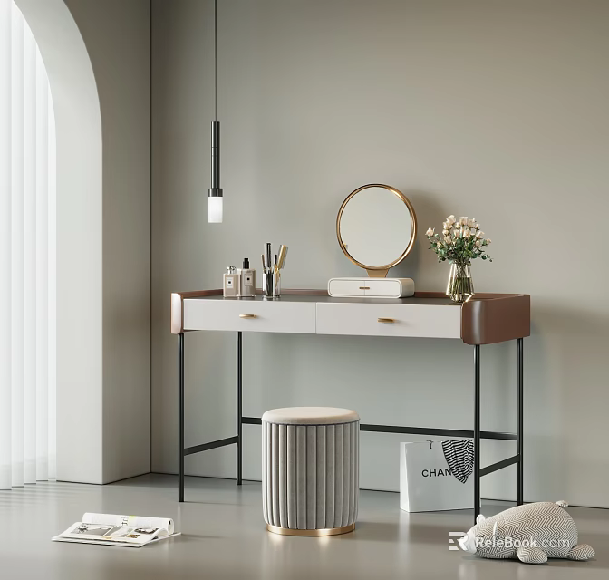 Modern Brown And White Dressing Table With Round Mirror Vase Flowers And Stool 3d model 