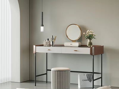 Modern Brown And White Dressing Table With Round Mirror Vase Flowers And Stool 3d model
