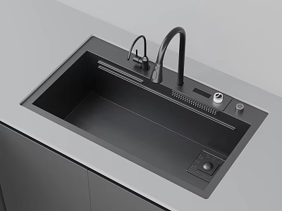 Modern Black Kitchen Sink With Faucet On Gray Countertop And Cabinets 3d model