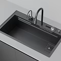 Modern Black Kitchen Sink With Faucet On Gray Countertop And Cabinets