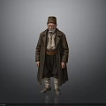 Elderly Man in Brown Long Coat with Hat Tie Belt and Boots Against Gray Background