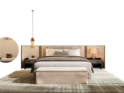 Modern Double Bed With Bedside Tables Table Lamps Hanging Lamp And Bench On Rug 3d model