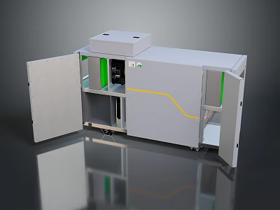 Gray Computer Server Cabinet Featuring Open Doors Internal Components Green Indicator Lights And Yellow Wires 3d model