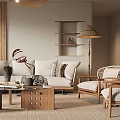 Japanese Living Room With Rattan Pendant Light Beige Sofa Wooden Coffee Table And Woven Rug