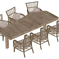Natural Wooden Dining Table Set with Six Rattan Chairs and Comfortable Cushions