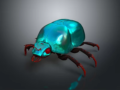 Turquoise Metallic Beetle With Red Eyes And Long Legs On Dark Background With Reflection 3d model
