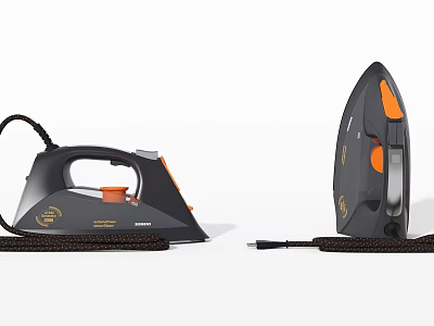 Modern Black And Orange Electric Irons With Ergonomic Handle And Power Cord 3d model