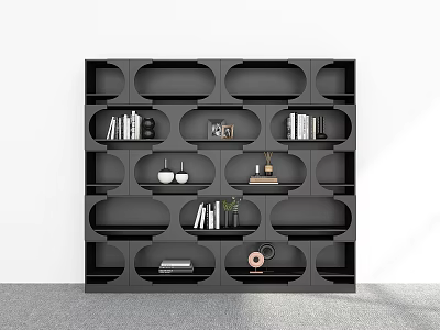 Modern Black Bookcase With Multiple Compartments Storing Books Decorative Items And Potted Plant 3d model