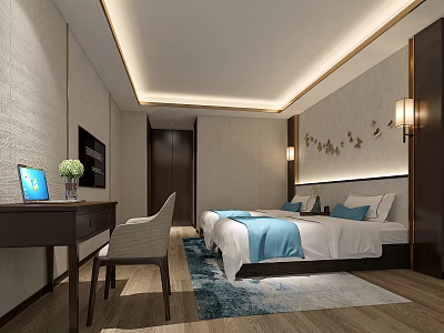 Elegant Modern Hotel Room With Bed Blue Blanket Pillows Headboard Wall Lamps Desk And Rug 3d model