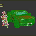 Red Pickup Truck With Cartoon Character Standing Beside Tripod And Tools