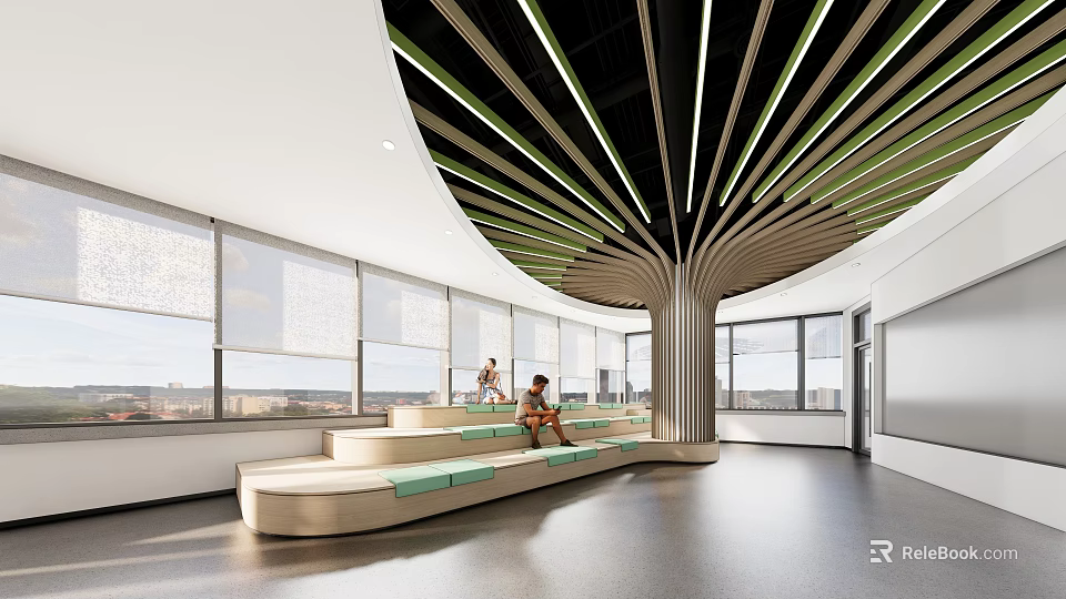 Book Art Inspired Library Interior With Curved Wooden Ceiling And Stepped Seating 3d model 