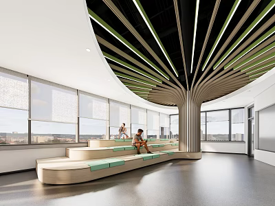 Book Art Inspired Library Interior With Curved Wooden Ceiling And Stepped Seating 3d model