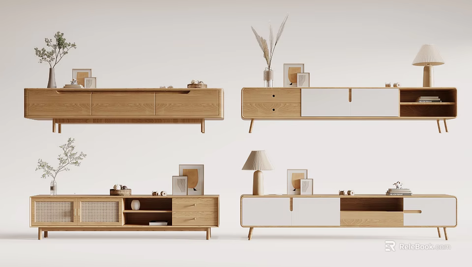 Modern TV Stand With Wooden White Panels Drawers Open Shelves Photo Frames And Vases 3d model 