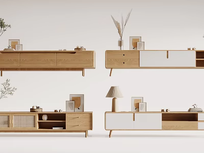 Modern TV Stand With Wooden White Panels Drawers Open Shelves Photo Frames And Vases 3d model