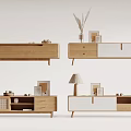 Modern TV Stand With Wooden White Panels Drawers Open Shelves Photo Frames And Vases