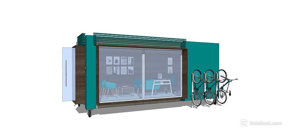 Mobile Modular Industrial Equipment with Green Exterior Glass Doors Interior Furniture and External Bicycle Rack 3d model 