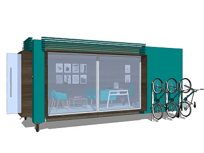 Mobile Modular Industrial Equipment with Green Exterior Glass Doors Interior Furniture and External Bicycle Rack 3d model