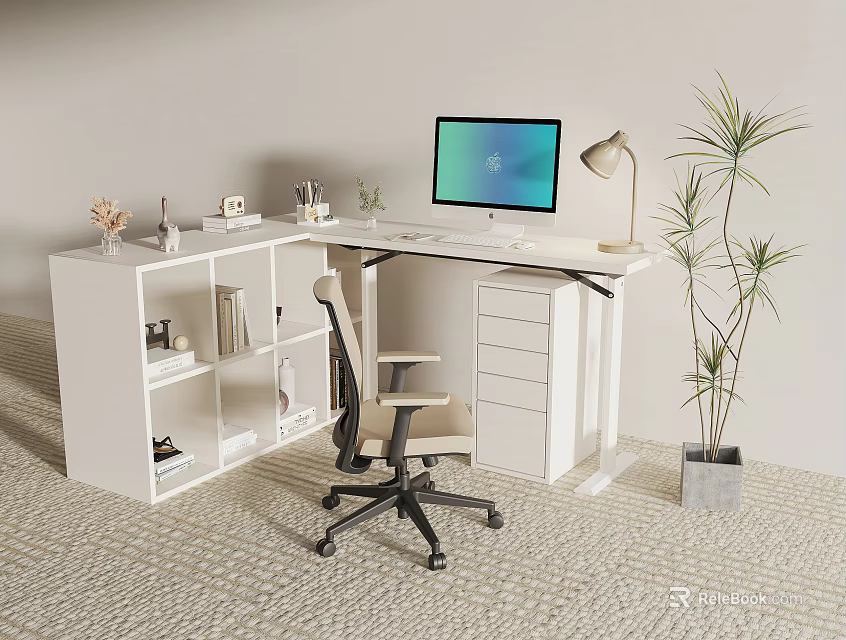 Modern White Desk Setup With Computer Monitor Office Chair Bookshelf And Potted Plant 3d model 