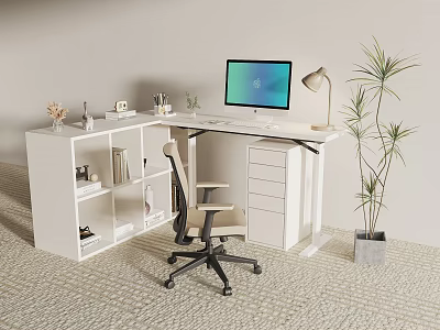 Modern White Desk Setup With Computer Monitor Office Chair Bookshelf And Potted Plant 3d model