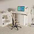 Modern White Desk Setup With Computer Monitor Office Chair Bookshelf And Potted Plant