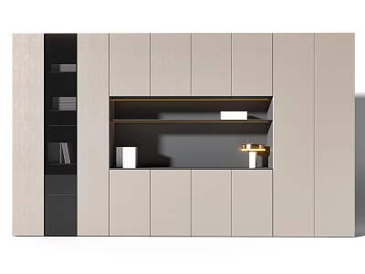Sleek Modern Wine Cabinet With Beige Cabinetry And Gold Accent Open Storage 3d model