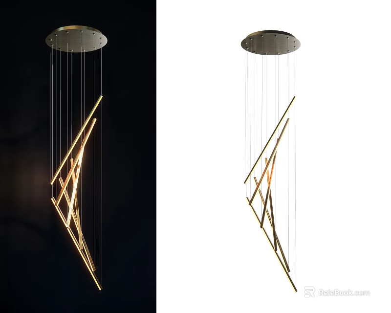 Modern Geometric Metallic Chandelier With Linear Structured Design And Suspended Lines 3d model 
