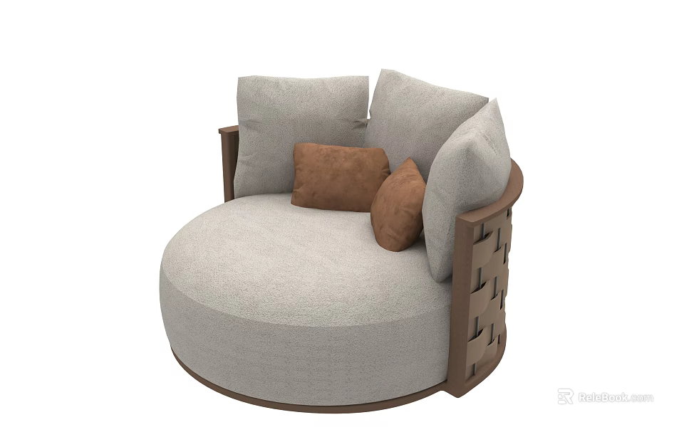 Round Outdoor Sofa With Light Gray Fabric Wooden Frame And Brown Cushions 3d model 