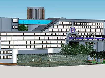 Modern Office Building With White Exterior Numerous Windows Cylindrical Top And Front Greenery 3d model