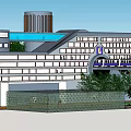 Modern Office Building With White Exterior Numerous Windows Cylindrical Top And Front Greenery
