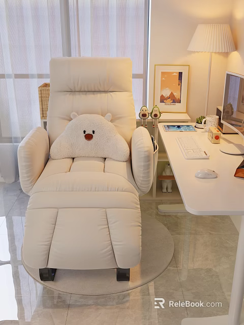 Beige Recliner Chair with Plush Bear Cushion in Cozy Home Office Space Beside White Desk 3d model 