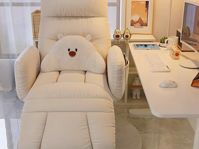 Beige Recliner Chair with Plush Bear Cushion in Cozy Home Office Space Beside White Desk 3d model