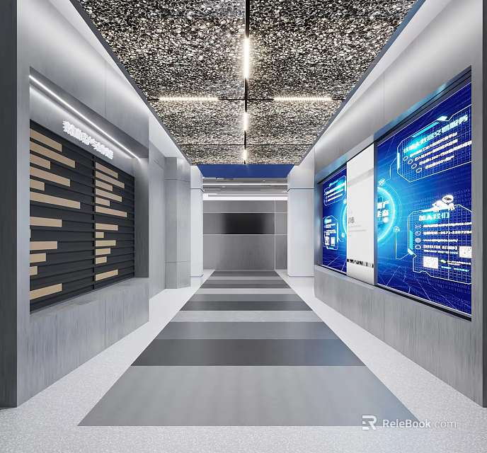 Modern Office Corridor Interior With Lighting Decorative Wall Digital Screens And Data Displays 3d model 