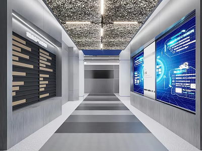 Modern Office Corridor Interior With Lighting Decorative Wall Digital Screens And Data Displays 3d model