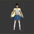 Woman in white top blue skirt white socks black shoes with bun hairstyle light cape