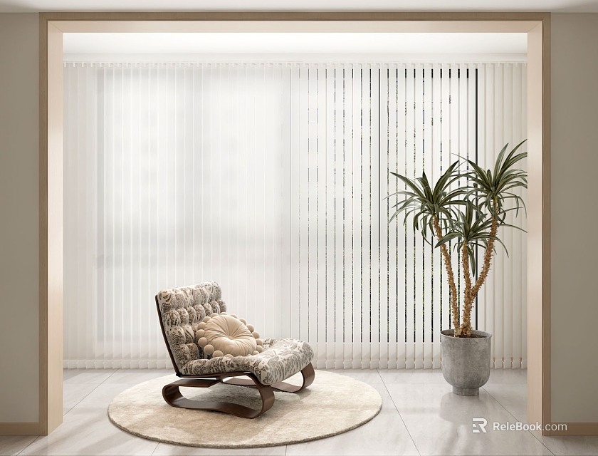 Home Balcony Design with White Blinds Cozy Armchair Cushions Round Rug and Tall Potted Plant 3d model 