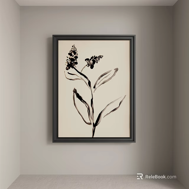Abstract Painting Featuring Black Plant Leaves And Flowers In Black Frame Hanging On Light Wall 3d model 
