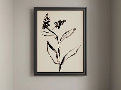 Abstract Painting Featuring Black Plant Leaves And Flowers In Black Frame Hanging On Light Wall 3d model