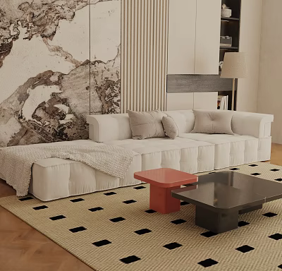 Three Seater White Sofa With Pillows Throw Blanket Red Black Coffee Tables On Patterned Rug 3d model