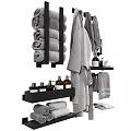 Organized Bathroom Essentials Collection With Soft Towels Bathrobe Toiletries And Storage Shelves