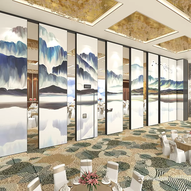 Elegant Banquet Hall Interior With Mountain Landscape Screens Round Tables Chairs Chandeliers And Carpet 3d model 