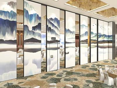 Elegant Banquet Hall Interior With Mountain Landscape Screens Round Tables Chairs Chandeliers And Carpet 3d model