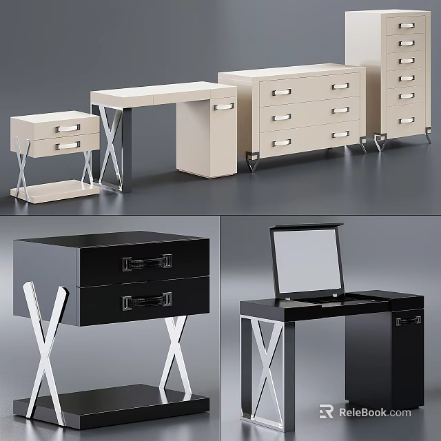 Stylish Modern Chest of Drawers in White Black with Metal Legs Mirror and Storage 3d model 