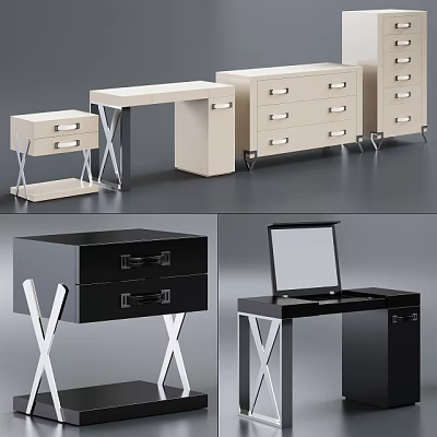 Stylish Modern Chest of Drawers in White Black with Metal Legs Mirror and Storage 3d model