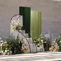 Decorative Indoor Arrangement Featuring Green Screens Curved White Structure Sunflowers And Plants