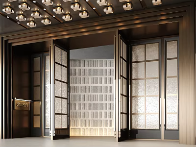 Elegant Hotel Lobby Entrance With Glass Doors Decorative Ceiling Lights And Textured Wall 3d model