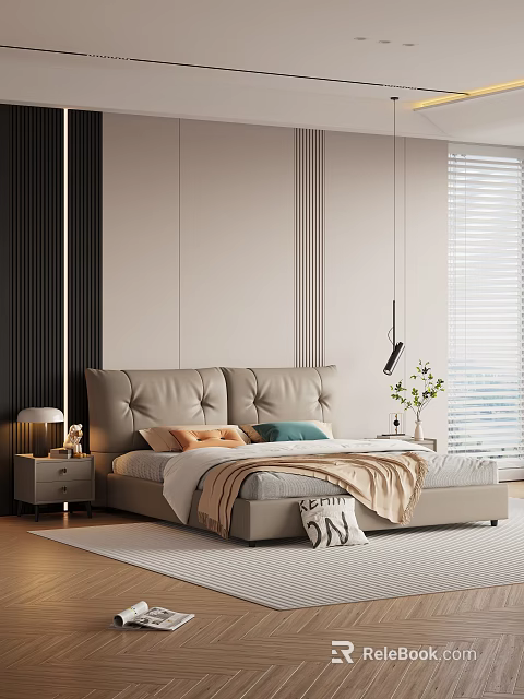Modern Bedroom Interior With Leather Headboard Double Bed Pillows Throw Blanket And Blinds 3d model 