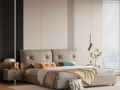 Modern Bedroom Interior With Leather Headboard Double Bed Pillows Throw Blanket And Blinds 3d model